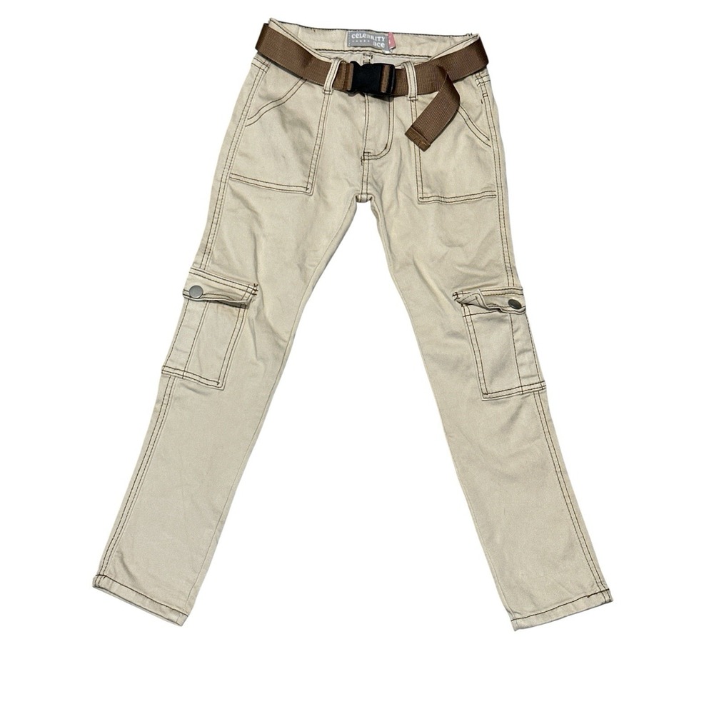 Celebrity Ace‎ GIRLS Size 8 Beige Cargo Pants W/ Belt Cot/Ray/Spandex RN155336